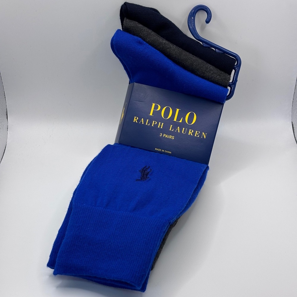 Polo Ralph Lauren Crew Socks Mens 10-13 Blue Grey Navy 3 Pack 8129PKN New